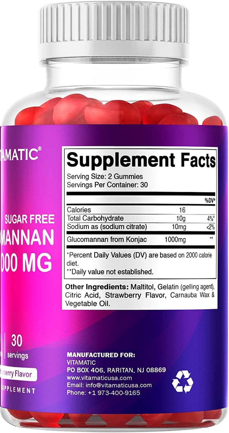 Vitamatic Sugar Free Glucomannan Gummies (Amorphophallus Konjac Root) - 1000Mg per Serving - Natural Strawberry Flavor - 60 Gummies