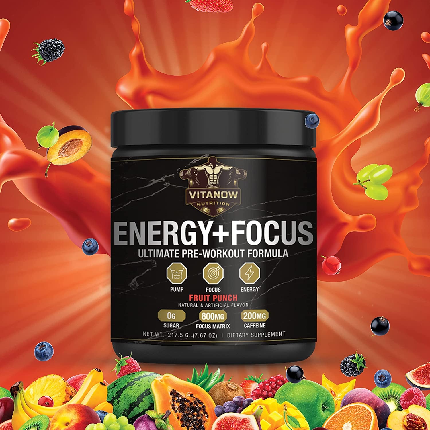 VITANOW NUTRITION Energy+Focus, Pre-Workout Formula, Sugar Free, 217.5G, 30 Servings (Fruit Punch)