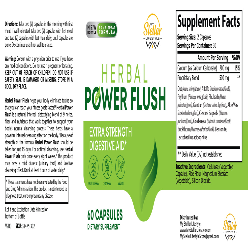 5 Pack Herbal Power Flush, Extra Strength Digestive Aid-60 Capsules X5