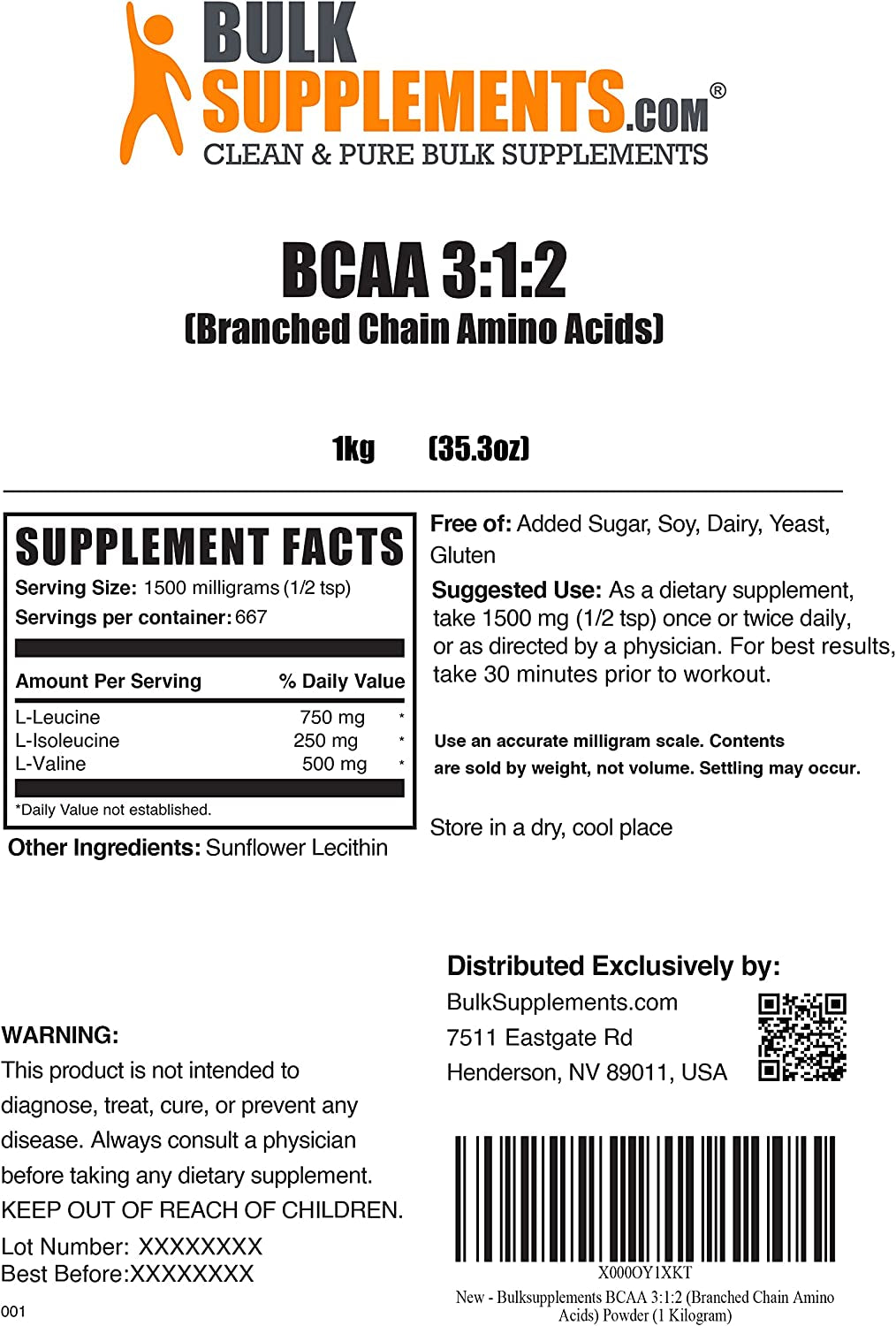 BULKSUPPLEMENTS.COM BCAA 3:1:2 Powder 1Kg, Creatine Powder 500G, Beta Alanine Powder 500G, & L-Glutamine Powder 1Kg (Pack of 4) Bundle