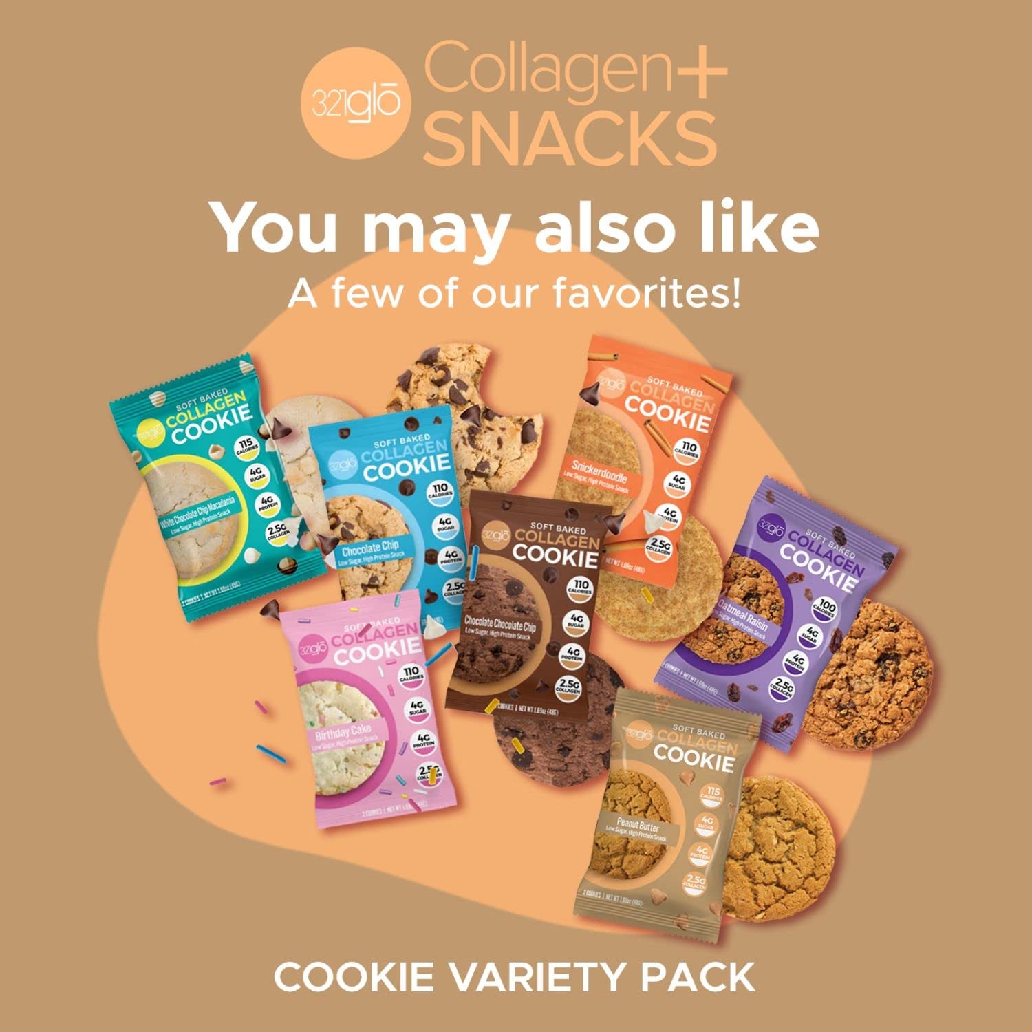 321Glo Collagen Protein Cookies, Soft-Baked Cookies, Low Carb and Keto Friendly Treats for Women, Men, and Kids, 12-PACK (Peanut Butter)