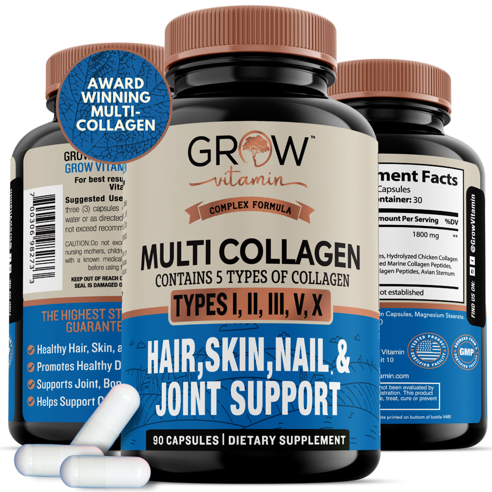 Multi Collagen Pills (Types I, II, III, V & X) 1800Mg - 100% Natural - Non GMO, Grass Fed Collagen - anti Aging Support for Hair, Skin, Nails - Protein Pills for Joint Support - 90 Capsules