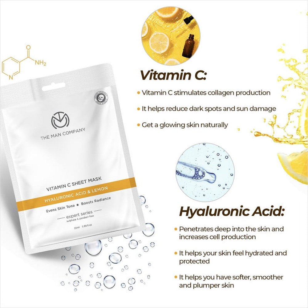 The Man Company Vitamin C Sheet Mask with Hyaluronic Acid & Lemon | Boosts Collagen, Brightening | Improves Skin Tone, Deep Cleanses & Removes Excess Oil - 25Ml*2