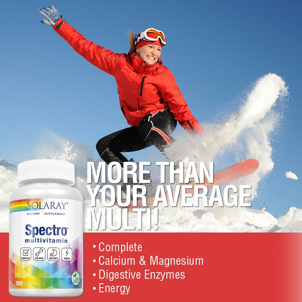 Solaray Spectro Multivitamin with Iron | Cal/Mag, Energizing Greens & Herbs with Digestive Enzymes | 100 Caps | 17 Serv.