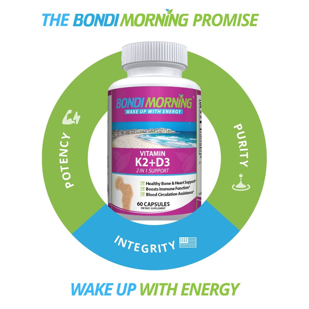 Bondi Morning Vitamin K2+D3 Supplement - High Potency 5000IU Vitamin D3 & 100Mg Vitamin K2 (MK7) - for Bone & Heart Health - 60 Vegan Capsules