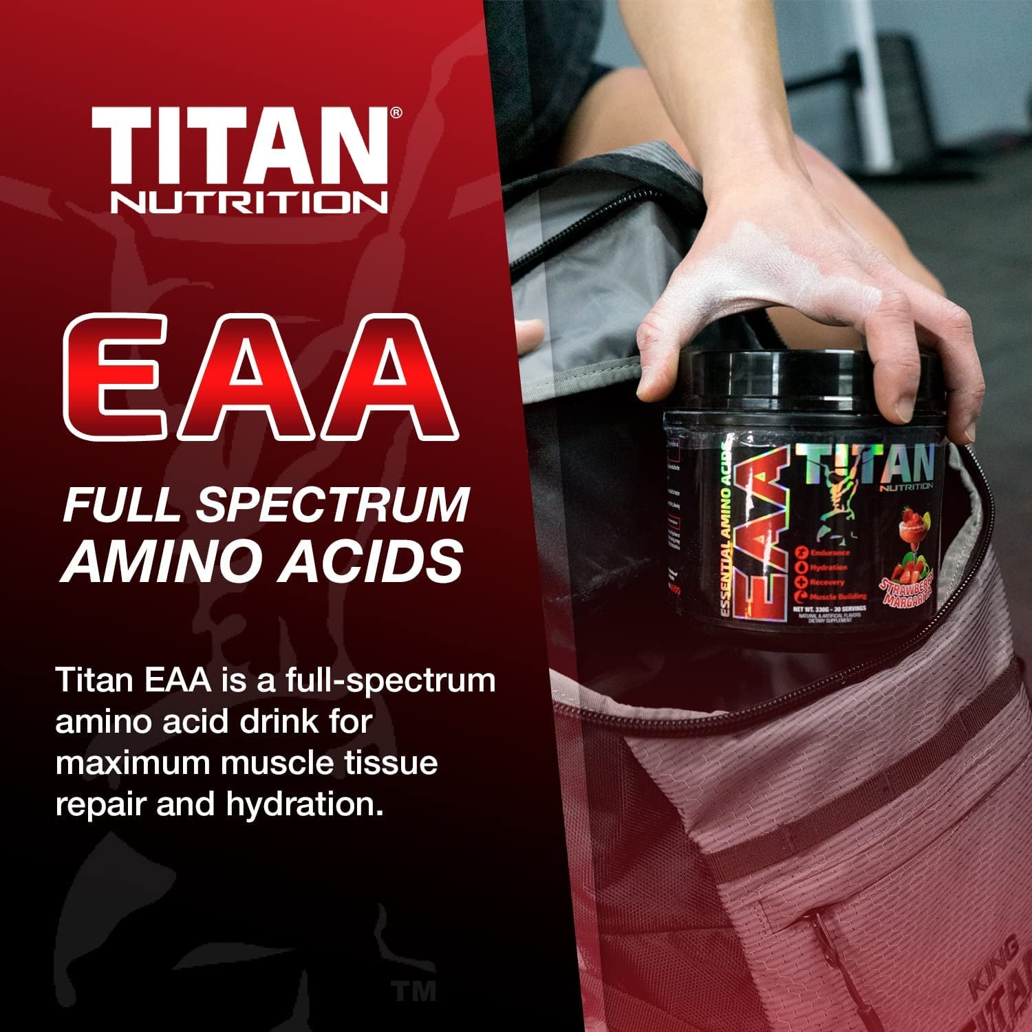 Titan EAA Essential Amino Acid & Hydration Supplement - Full Spectrum 2:1:1 BCAA Protein Blend - Muscle Tissue Repair, Recovery & Growth - Potassium, & Vitamin C - Strawberry Margarita, 30 Servings