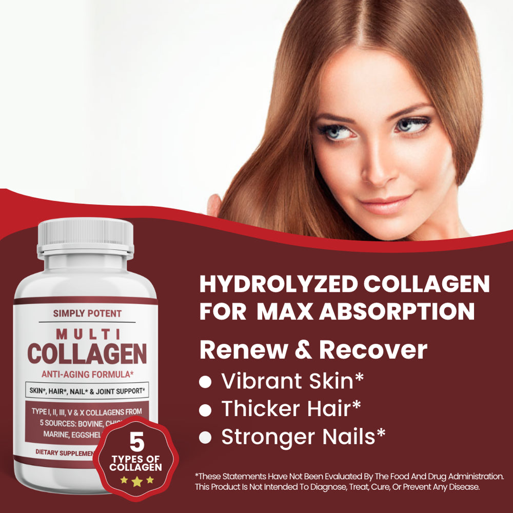 Multi Collagen Peptides Powder Capsules, 60 Type I II III V X Hydrolyzed Collagen Pills, Keto & Paleo Diet Friendly Gluten Free All-In-One 5 Collagen Supplement for Skin Hair Nails Joints - Pack of 2