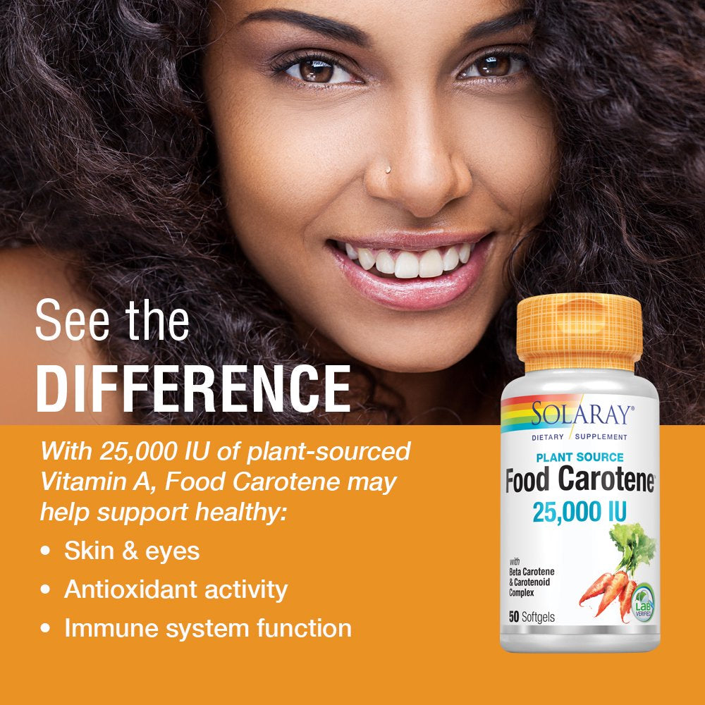 Solaray Food Carotene, Vitamin a as Beta Carotene 25000IU | Carotenoids for Healthy Skin & Eyes, Antioxidant Activity & Immune System Support | 50Ct