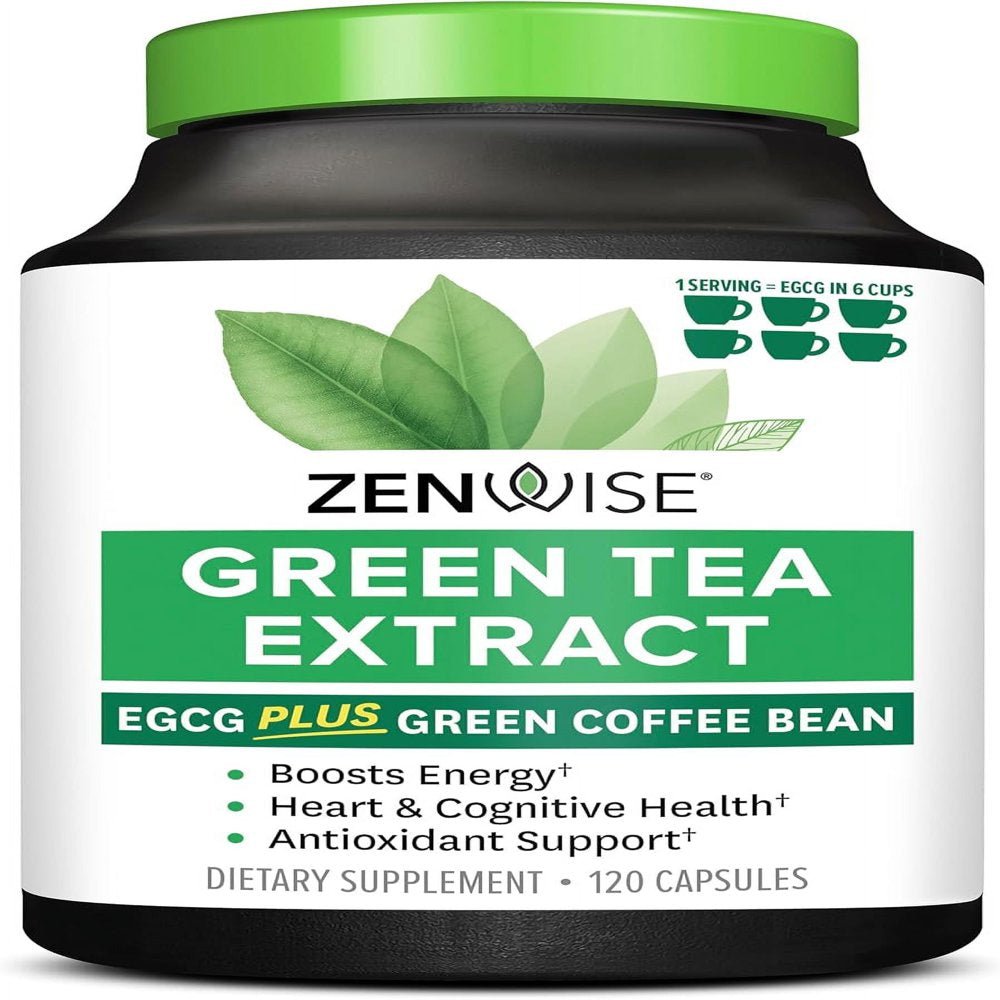 Zenwise Green Tea Extract with EGCG & Vitamin C - Antioxidant & Immune Supplement - Vegan Skin & Heart Support Brain Health & Memory Boost - 120 Count