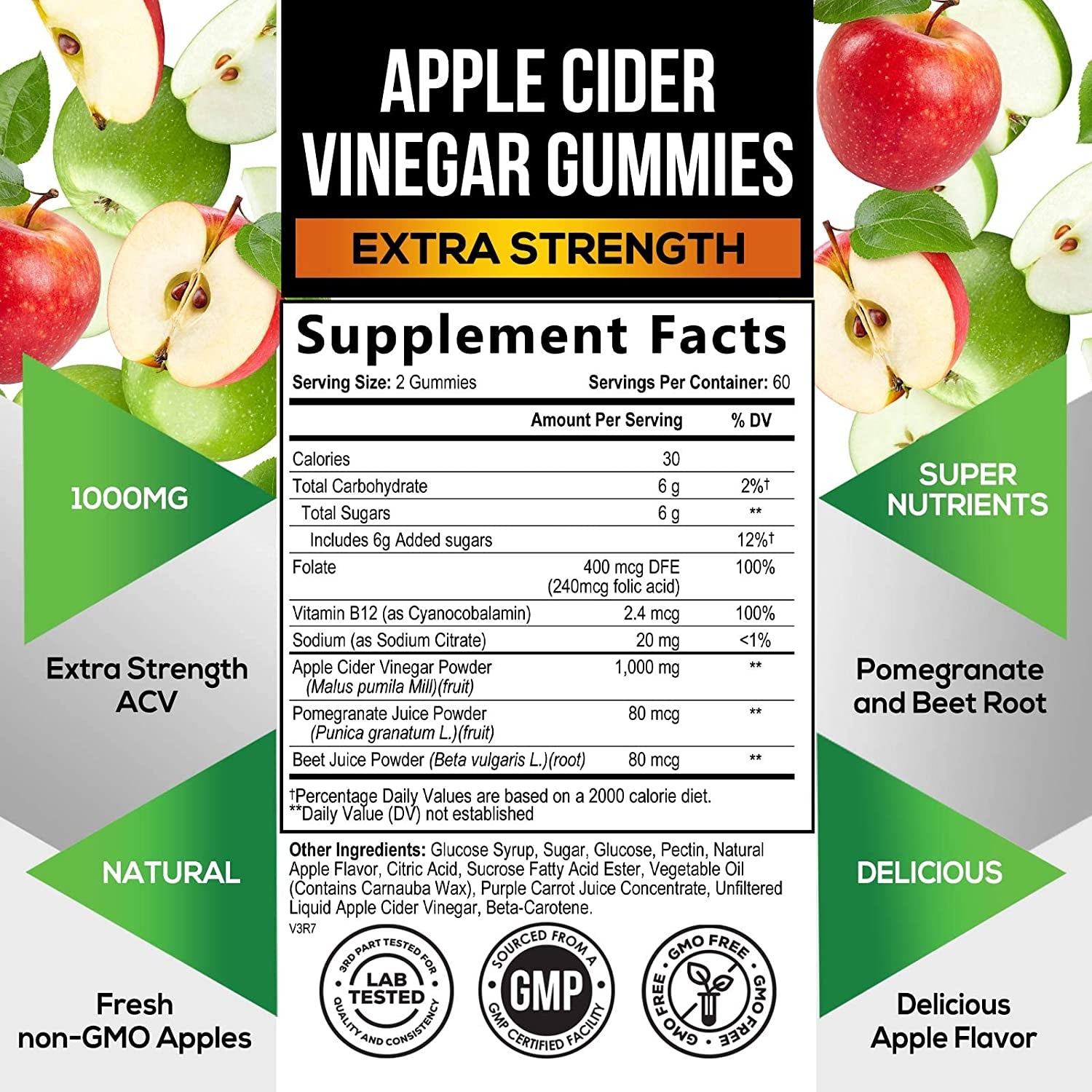 Vegan Apple Cider Vinegar Gummies | Max Strength 1000Mg | ACV Supplement Gummy for Adults, Supports Healthy Digestion, Metabolism, Natural Apple Flavor with Mother, Gluten Free, Non-Gmo - 120 Gummies