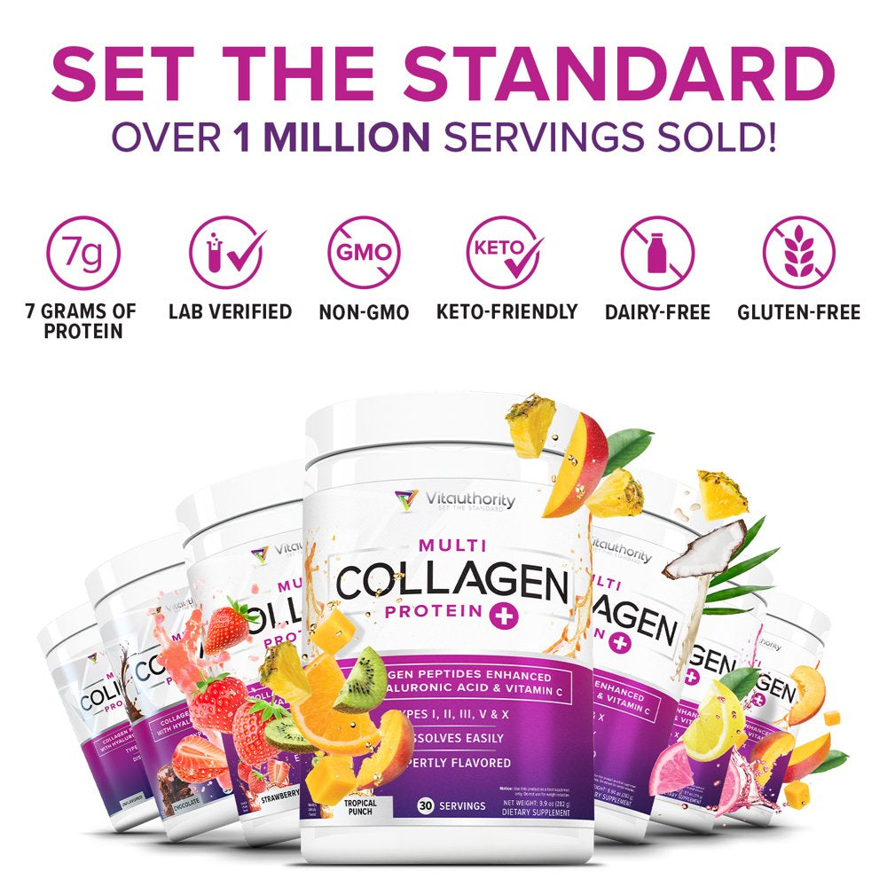 Multi Collagen Peptides plus Hyaluronic Acid and Vitamin C, Hydrolyzed Collagen Protein, Types I, II, III, V and X Collagen, Chocolate Flavor, 30 Servings