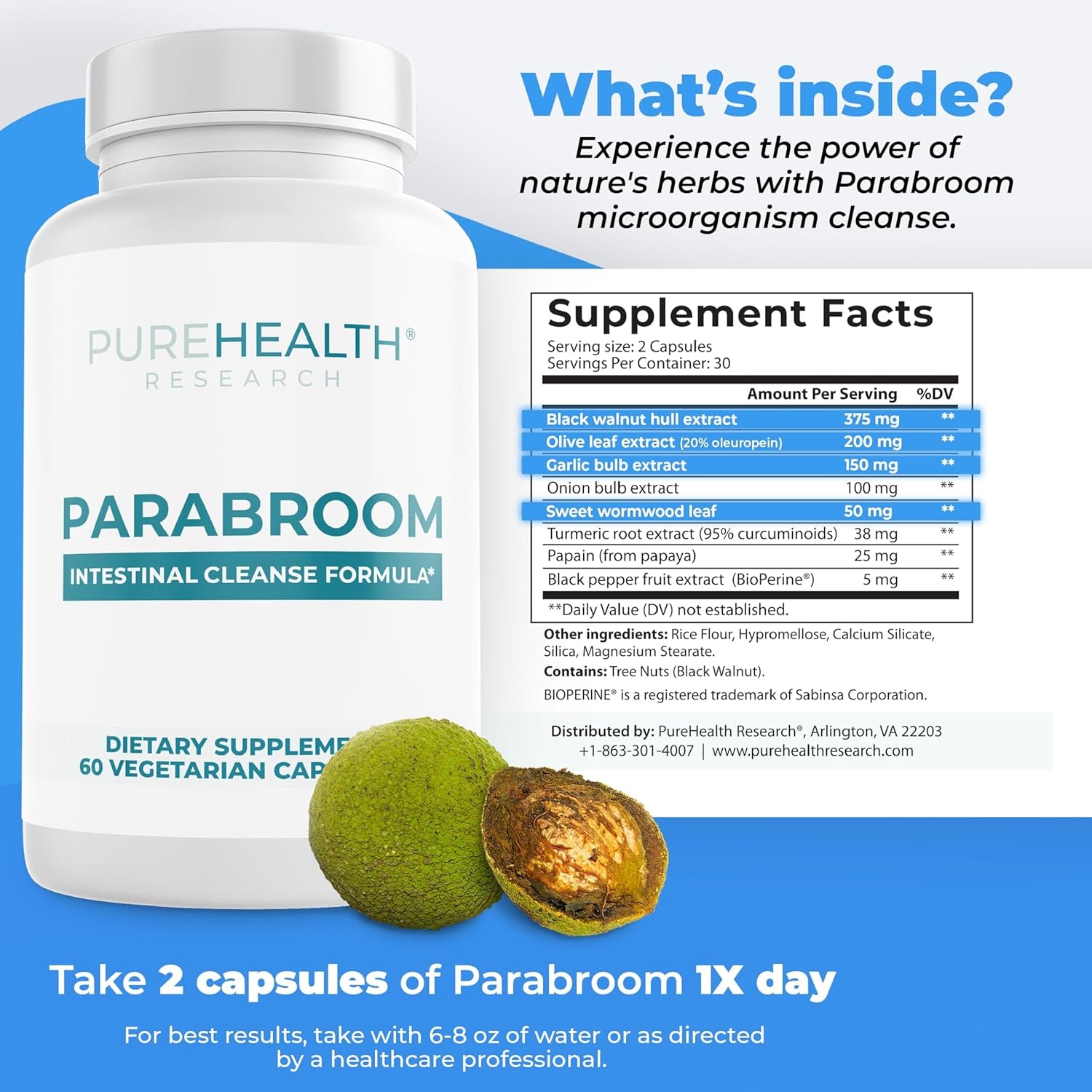 PUREHEALTH RESEARCH Parabroom Formula - Black Walnut, Wormwood, Garlic & More - Bloating Relief Supplement for Adults - 60 Capsules