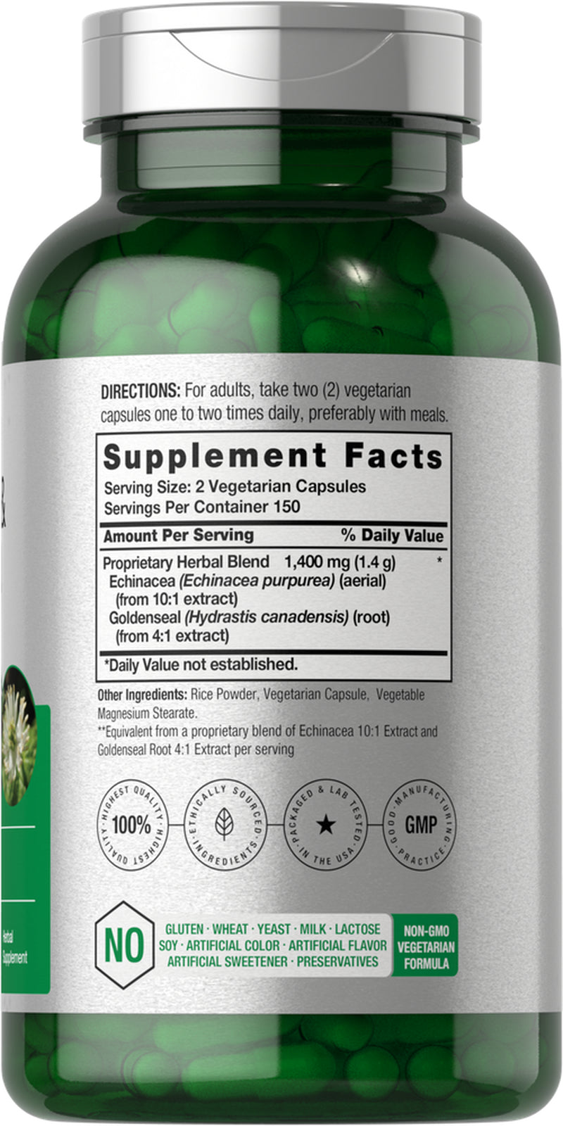 Echinacea Goldenseal Extract | 1400Mg | 300 Vegetarian Capsules | by Horbaach