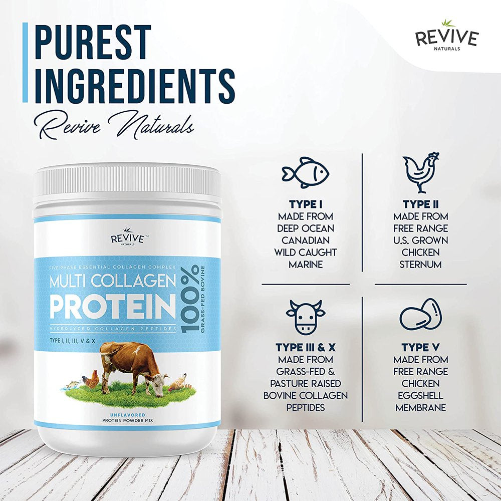 Multi Collagen Hydrolyzed Protein Powder (16Oz) - Types I, II, III, V & X - Grass Fed Bovine (Peptan®), Wild Caught Marine, Free Roaming Chicken & Eggshell Collagen Peptides, Non-Gmo, GF.