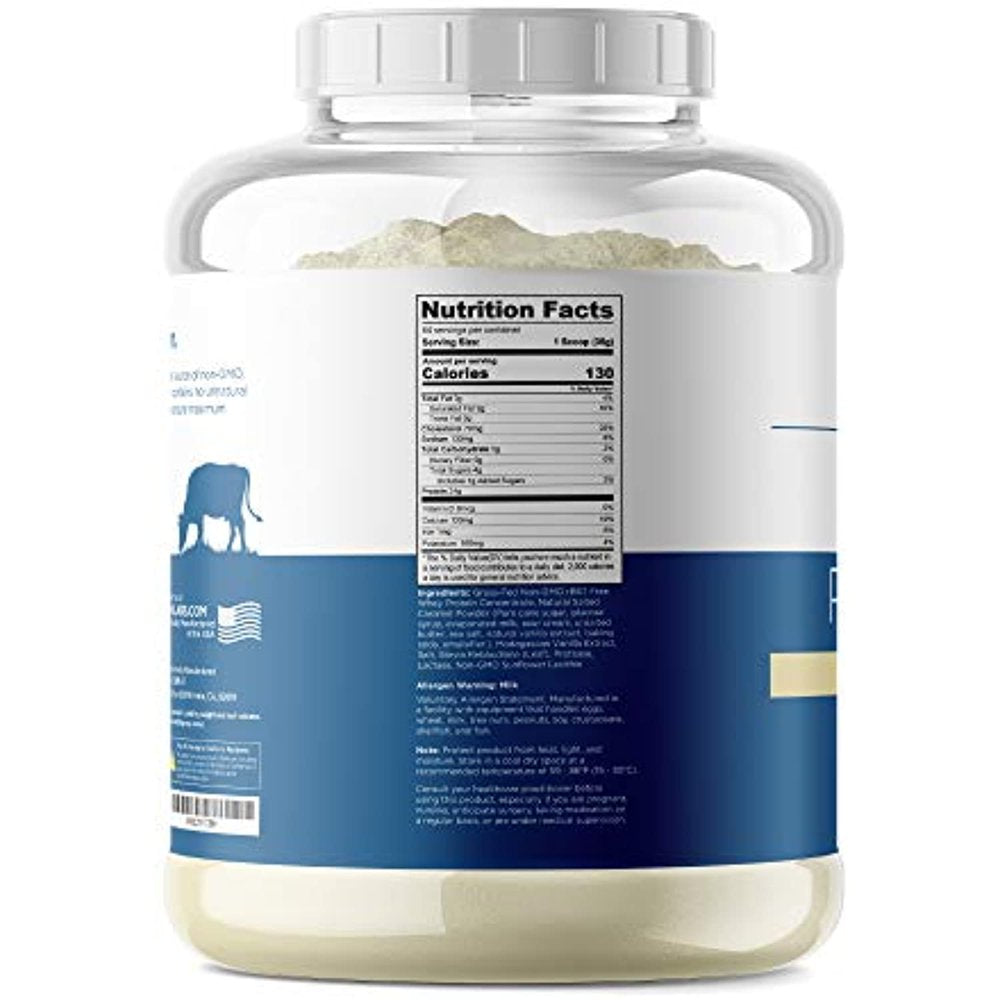 Grass Fed Whey Protein Vanilla 5Lb - 100% Pure and Natural - 5 Lb/64 Servings - 24G Protein - Cold Processed Undenatured - Non-Gmo - Rbgh-Free - High Quality from Happy Healthy Cows USA