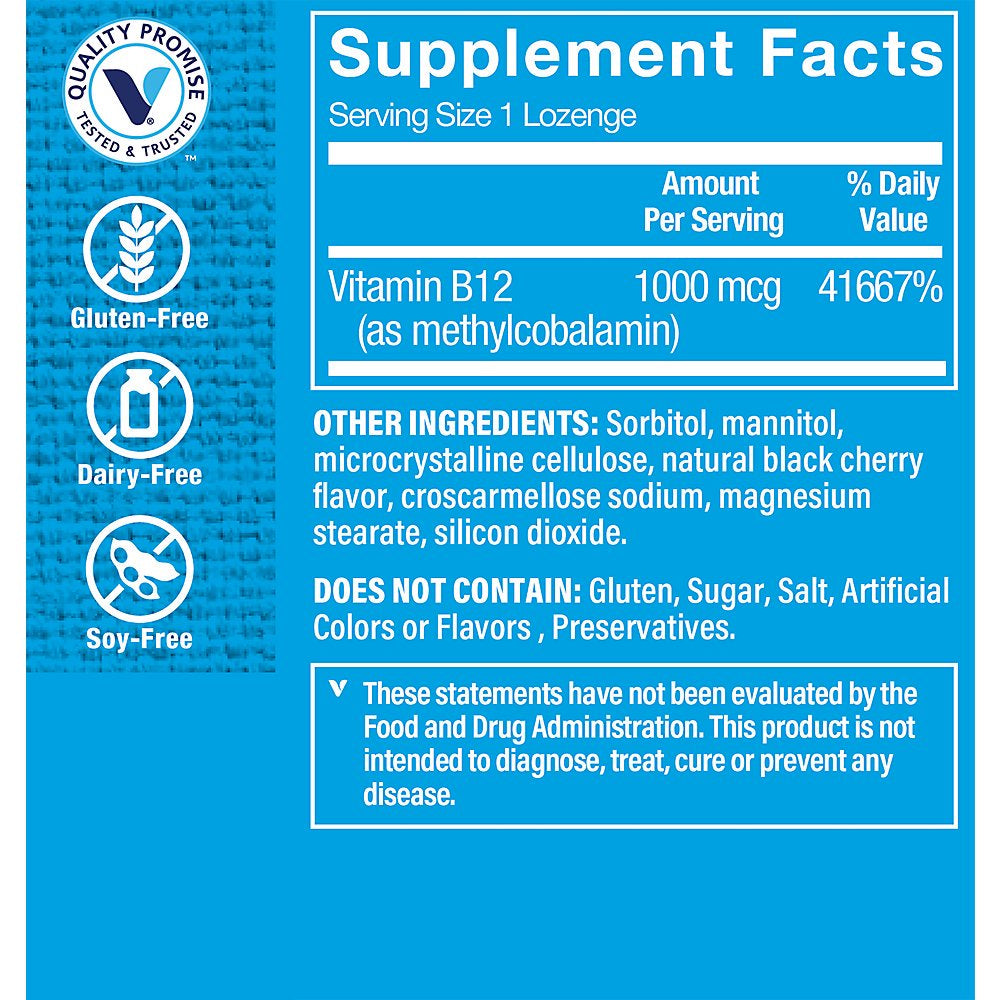 Vitamin B12 Methylcobalamin 1,000Mcg - Highly Bioavailable Form of B12 to Support Energy Production - Black Cherry Flavored (60 Lozenges) by the Vitamin Shoppe