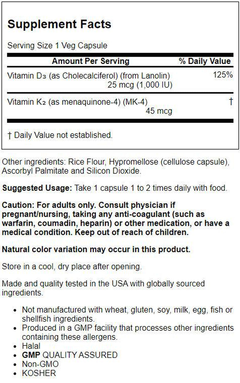 NOW Supplements, Vitamin D-3 & K-2, 1,000 IU/45 Mcg, plus Cardiovascular Support, Supports Bone Health, 120 Veg Capsules