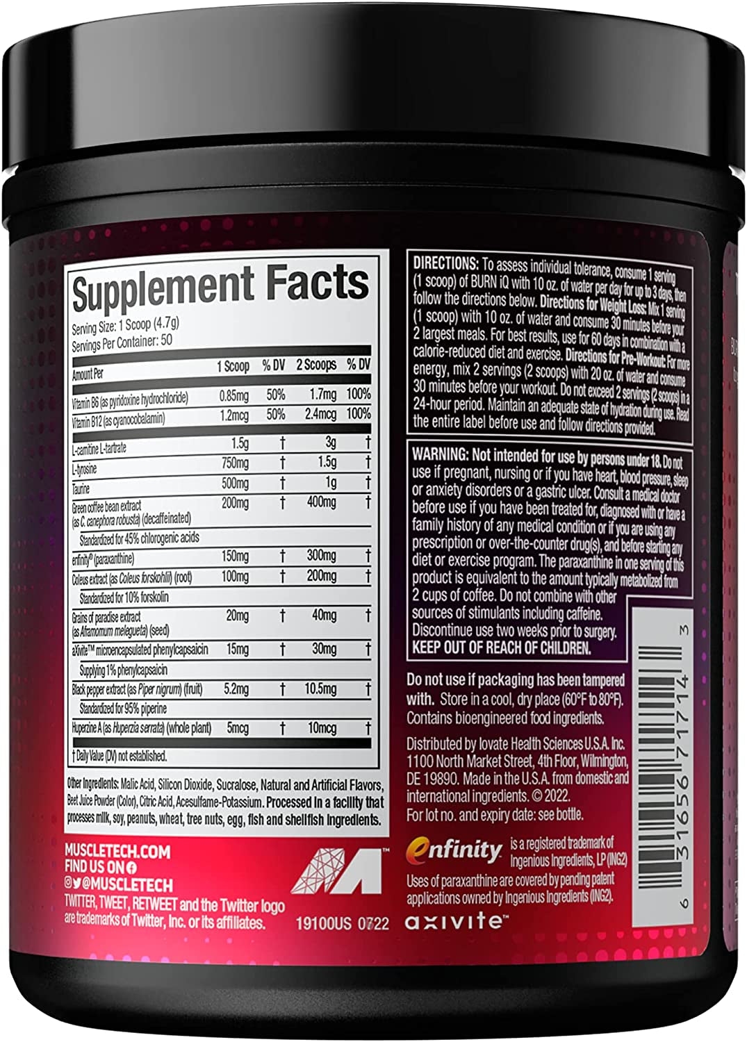 Muscletech Burn IQ Smart Thermo Supplement Fueled with Paraxanthine Enhanced Energy & Cognition for Men and Women Sweet Heat (50 Servings)