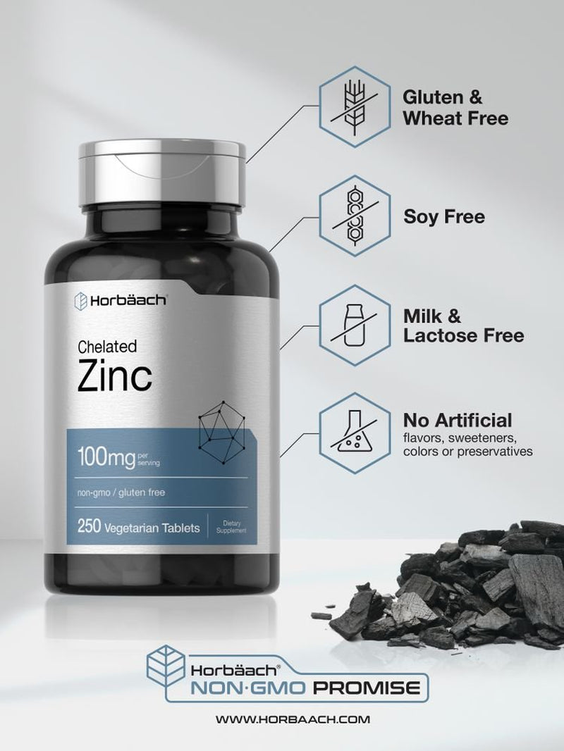 Chelated Zinc Supplement 100Mg | 250 Tablets | Vegetarian Formula | by Horbaach