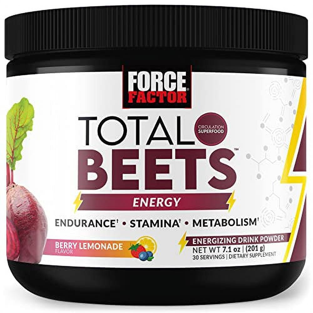 Total Beets Energy Drink Mix, Superfood Beet Root Powder with Nitrates to Boost Energy and Support Circulation, Blood Flow, Nitric Oxide and Stamina, Heart Health Supplement, Force Factor, 30 Servings