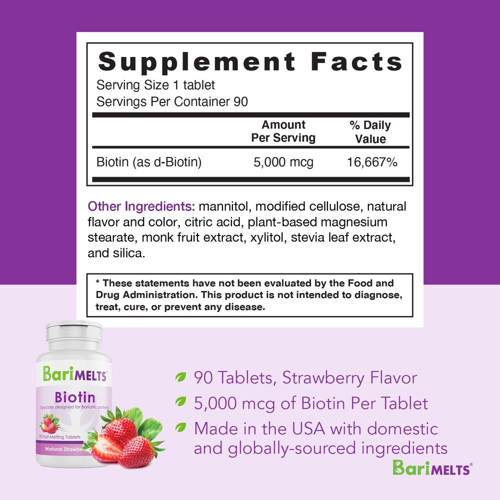 Barimelts Bariatric Biotin to Support Healthy Skin, Hair, and Nails Growth, Post Weight Loss Surgery Patients, 90 Smooth-Dissolving Tablets, Strawberry Flavor