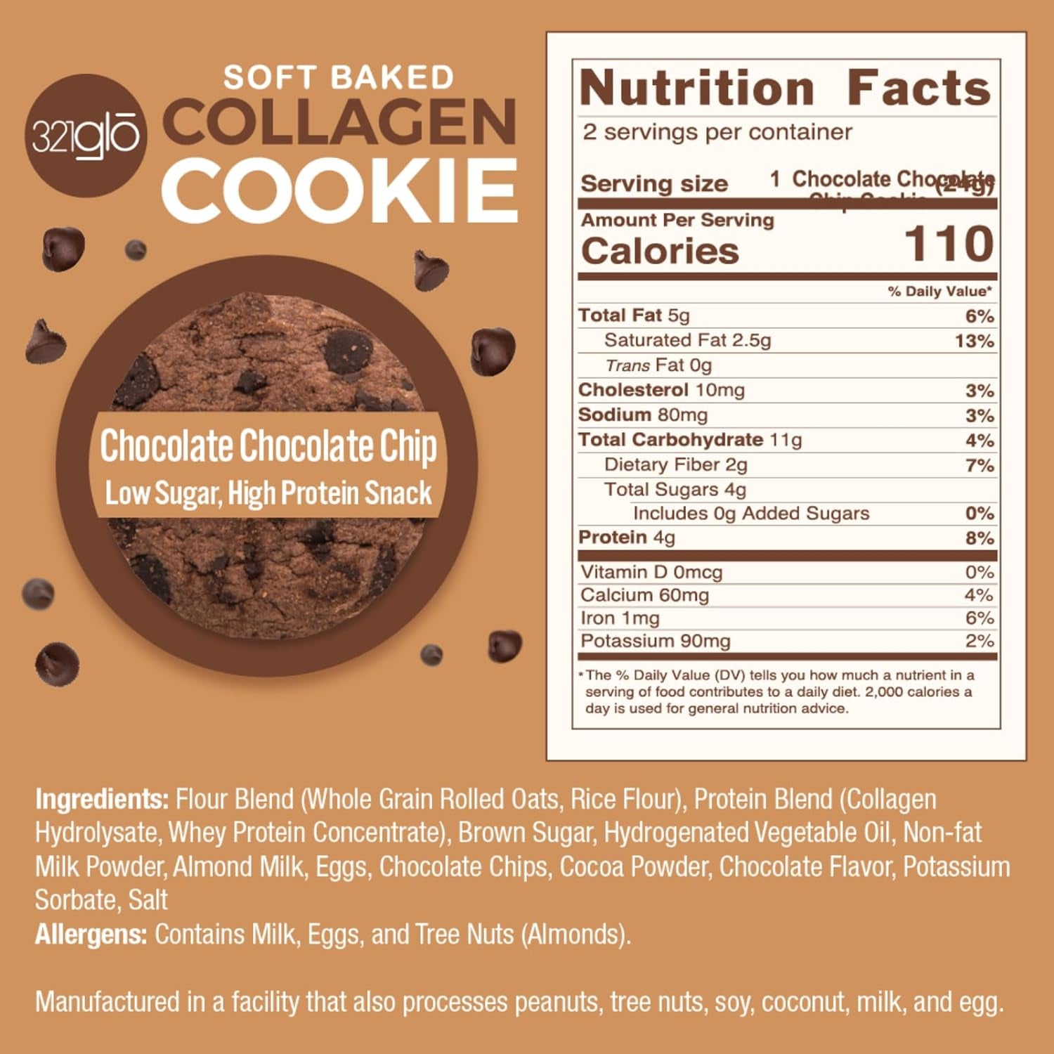 321Glo Collagen Cookies | Soft Baked, High Protein Cookies | Low Carb, Low Sugar | Keto Snack for Women, Men, & Kids | 6 Pack (Chocolate Chocolate Chip)