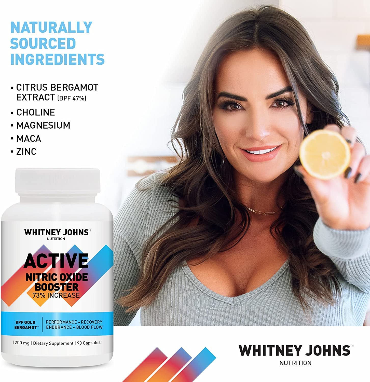 Whitney Johns Nitric Active - Nitric Oxide Booster Clinically Tested for a Natural Energy Pure Boost of Athletic Performance, Endurance, Increased Oxygen Intake (VO2 Max) & Workout Recovery - 90 Caps