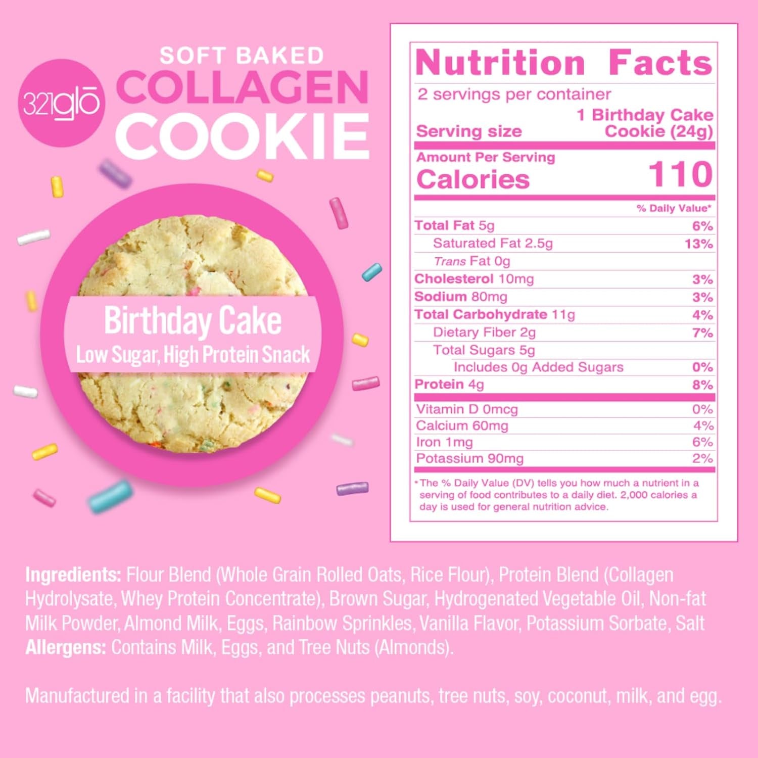 321Glo Collagen Cookies | Soft Baked, High Protein Cookies | Low Carb, Low Sugar | Keto Snack for Women, Men, & Kids | 6 Pack (Birthday Cake)