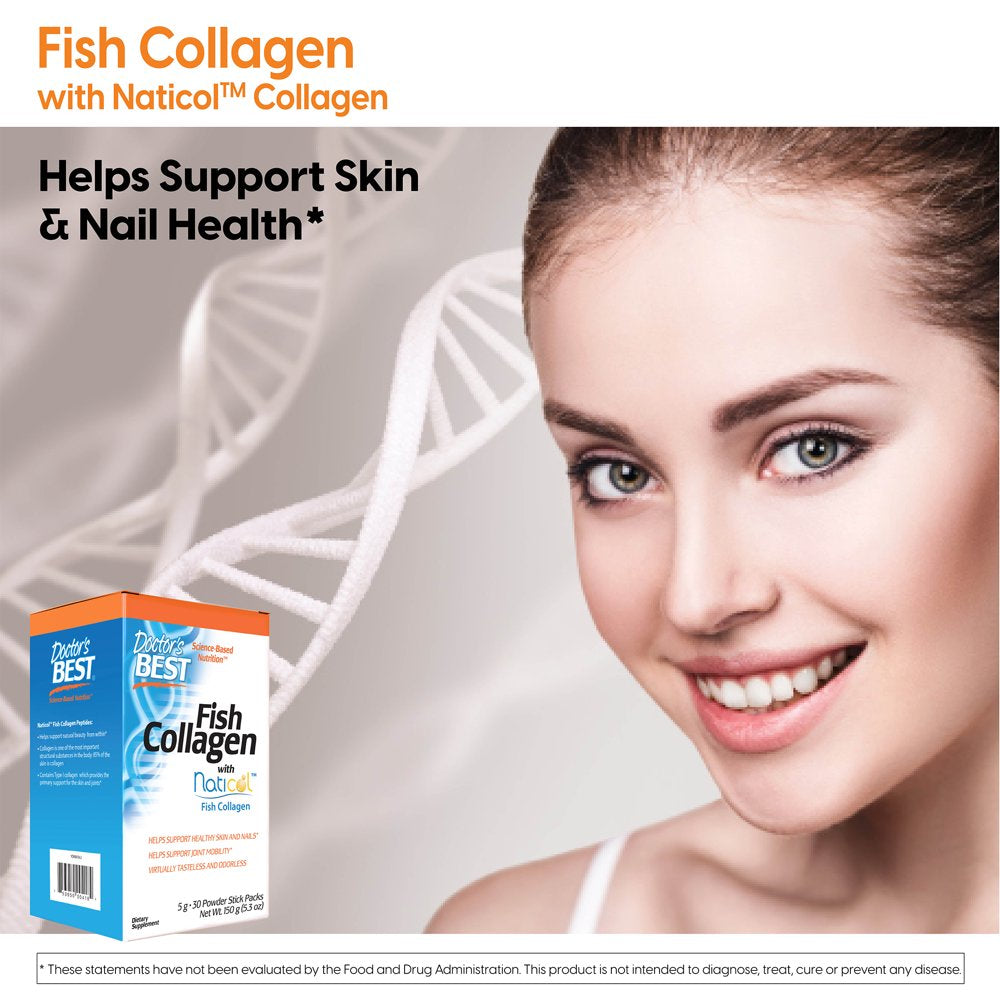 Doctor'S Best Fish Collagen with Naticol Fish Collagen, Non-Gmo, Gluten Free, Soy Free, Supports Skin, Nails, Joints, 30 Stick Packs