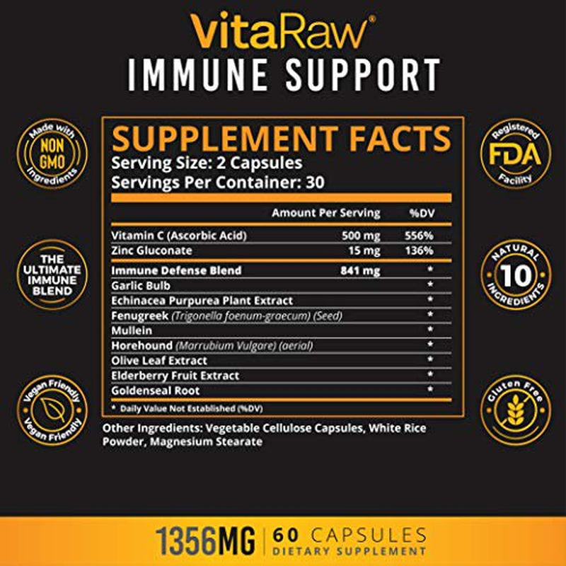 Vitaraw Immune Support Vitamins - Zinc, Elderberry, Vitamin C, Echinacea, Olive Leaf, Goldenseal | Powerful Immunity Booster Capsules for Adults | Immune System Booster Supplement