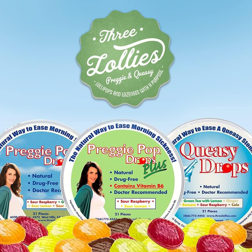 Three Lollies - Preggie Pop Drops plus Sour Raspberry & Sour Lemon - 21 Piece(S) - Over-The-Counter Morning Sickmess Relief during Pregnancy - Safe for Pregnant Mom and Baby