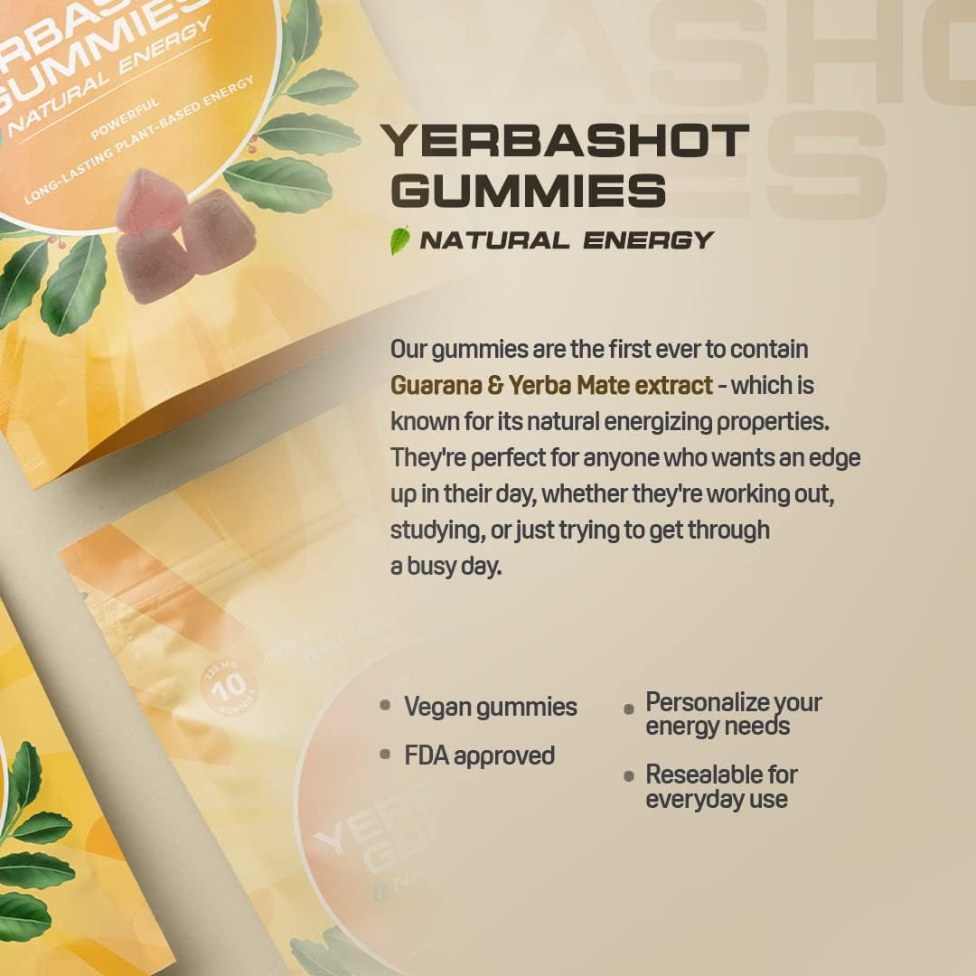 Yerbashot Energy Gummies - Natural Yerba Mate and Guarana Caffeine Chews for Instant Energy, Organic, Healthy Vegan Fast Fuel Gummies Boost. B12, B1, Taurine, Lysine. 10 Pack, Grape Flavor