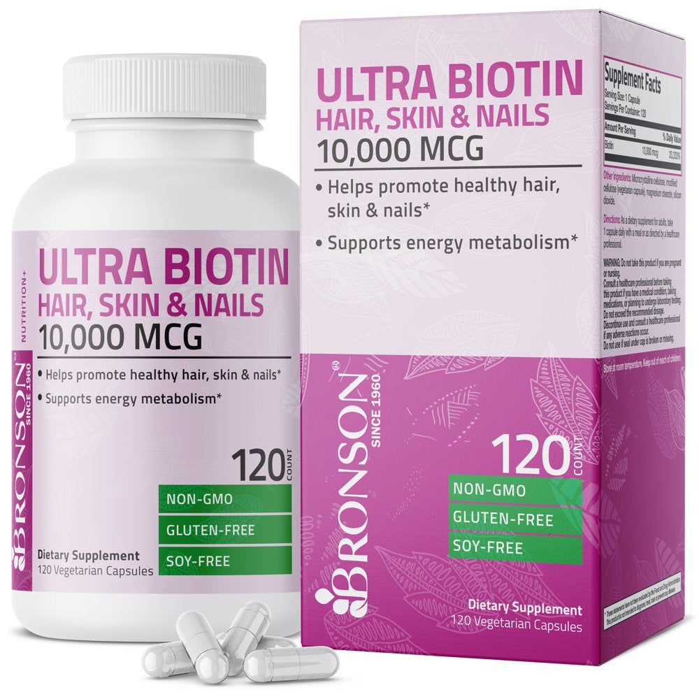 Bronson Ultra Biotin 10,000 Mcg Hair Skin and Nails Supplement, Non-Gmo, Gluten Free, Soy Free, 120 Vegetarian Capsules