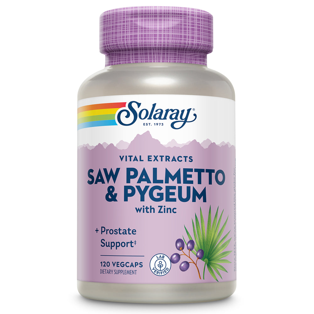 Solaray Pygeum and Saw Palmetto Berry Extracts | Mens Health & Prostate Function Support | Zinc, B-6, Pumpkin Seed & Amino Acids | 120 Vegcaps
