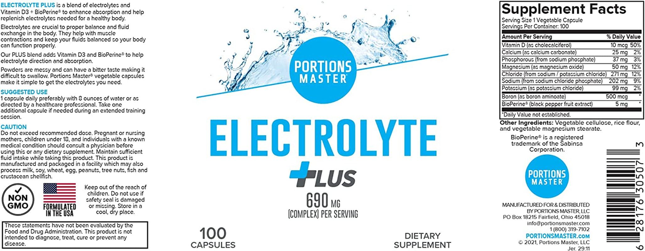 Portions Master Electrolyte - Vitamin D3 + Bioperine for Enhanced Absorption - 690Mg (Complex) - 100Ct Vegetable Capsules