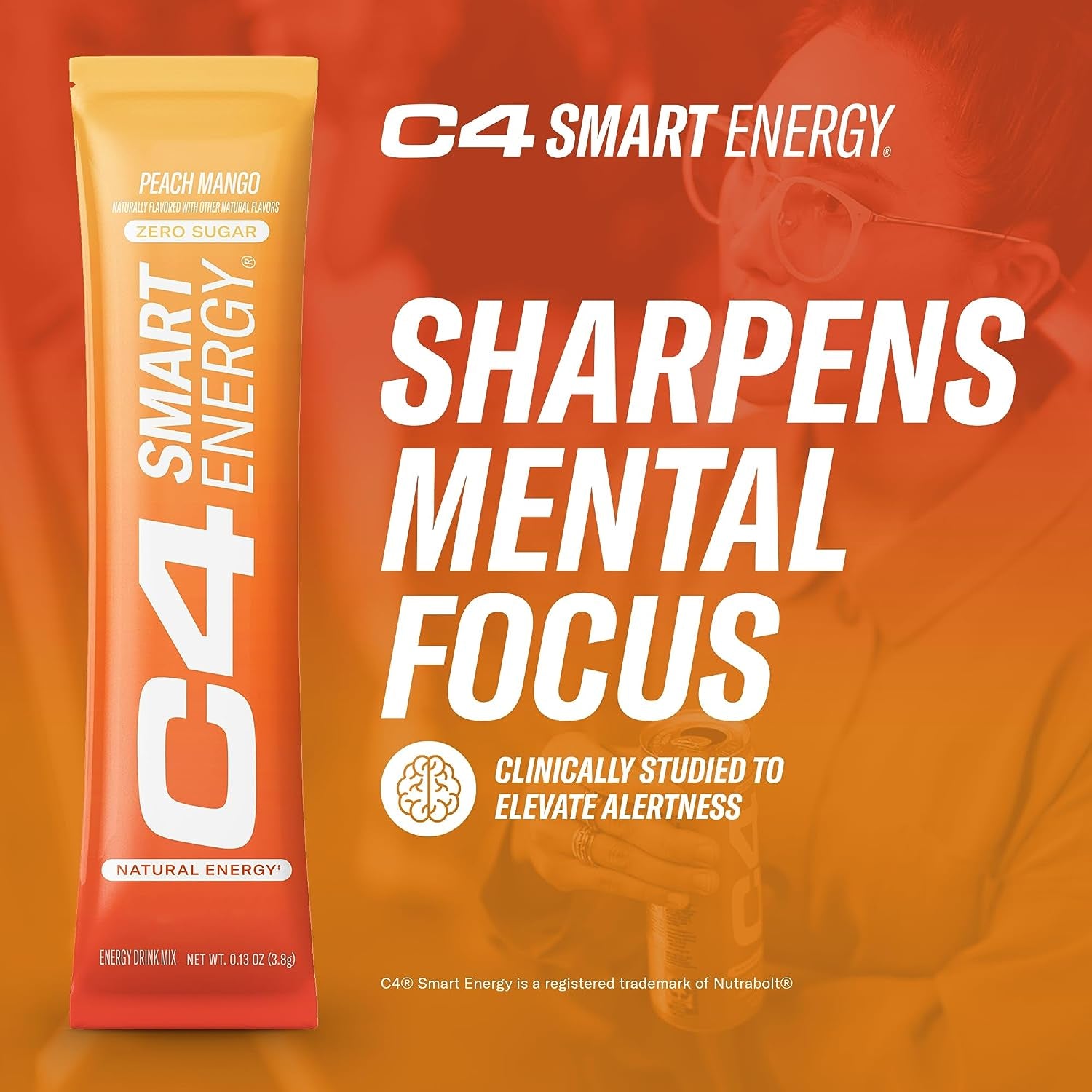 C4 Smart Energy Powder Stick Packs - Sugar Free Performance Fuel & Nootropic Brain Booster, Coffee Substitute or Alternative | Peach Mango - 14 Count