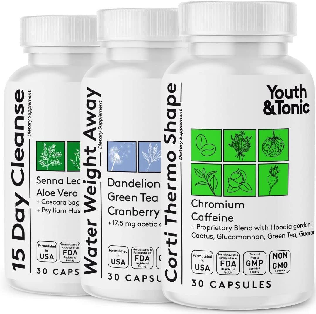 Youth & Tonic 15 Day Cleanse and Detox as Triple Action Diet Pills for Loss of Waste and Body Water Away and Energy Focus Metabolism for Women & Men