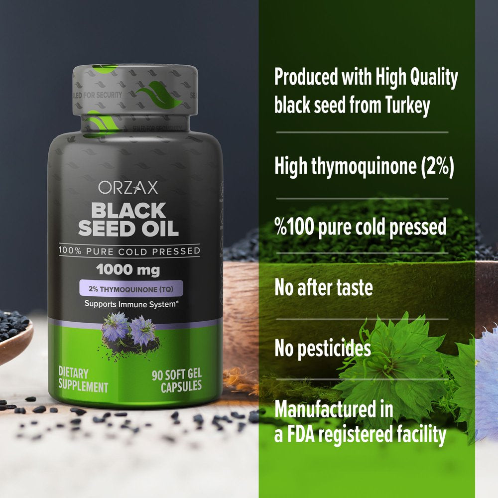 ORZAX Black Seed Oil Capsules, 90 Soft Gels, 1000 Mg, 2% Thymoquinone, 100% Virgin Pure Cold Pressed