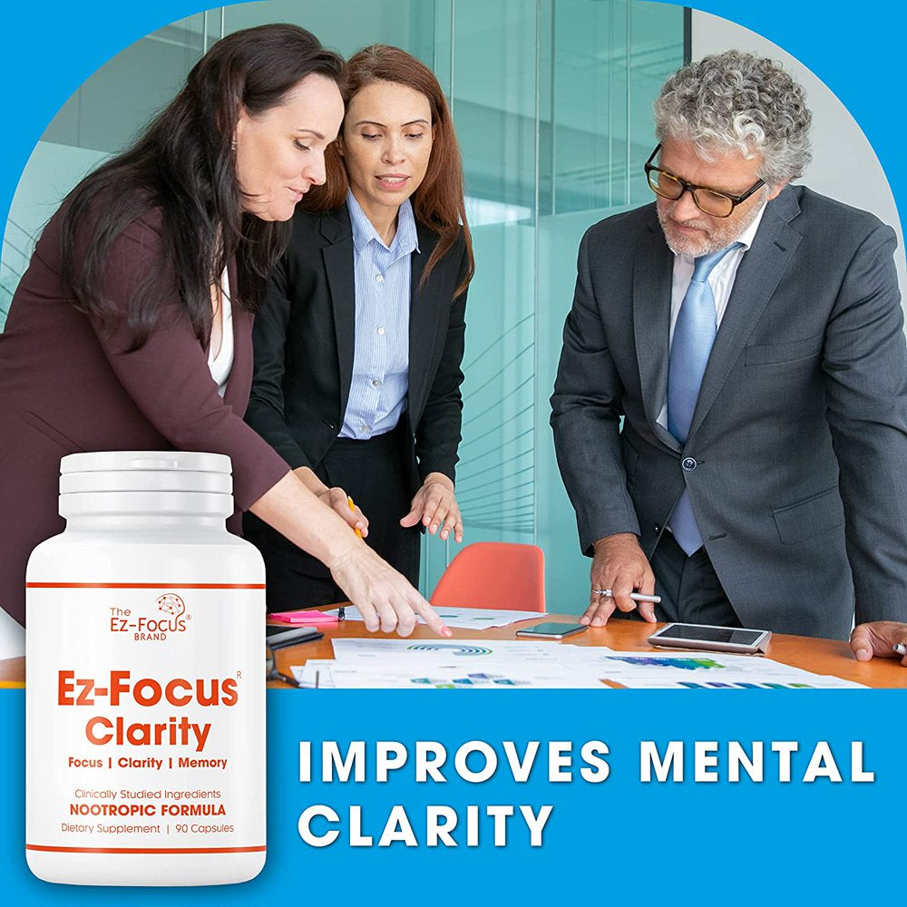 Ez-Focus 'Clarity' Brain Booster Supplement for Men and Women Promotes Clarity, Focus and Memory, Brain Supplement for Students Professionals Trainer Artist Athletes-90 Ct