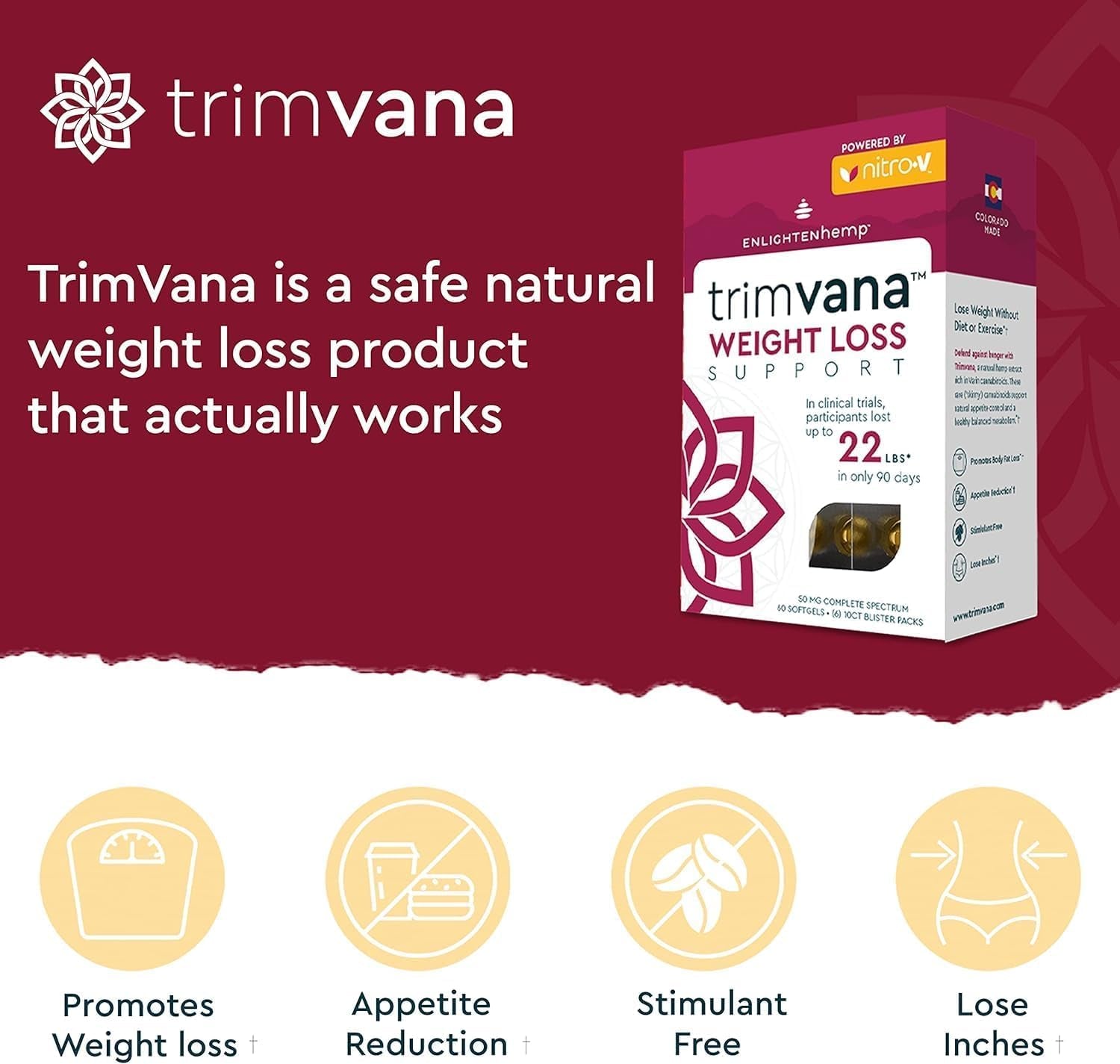 Trimvana (60-Count) | Powered by Nitro-V | Hemp-Derived Weight Loss Product | Appetite Suppressant and Reduction | All Natural | Stimulant Free