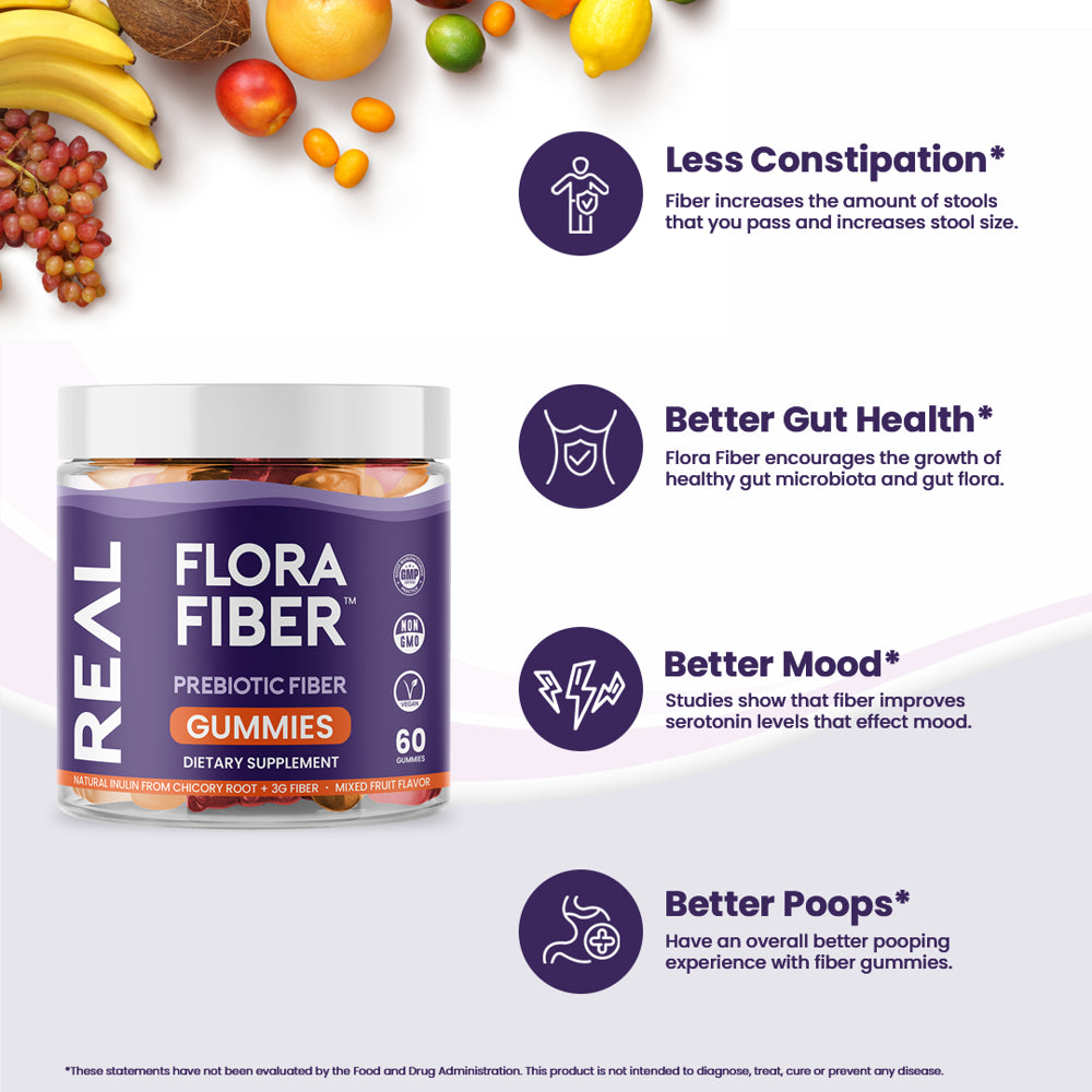 Real Flora Fiber | Prebiotic Fiber Gummies with Chicory Root Inulin Fiber for Digestive Health, Better Poops, Constipation & Bulkier Stools | 60 Gummies | Mixed Berry Flavor