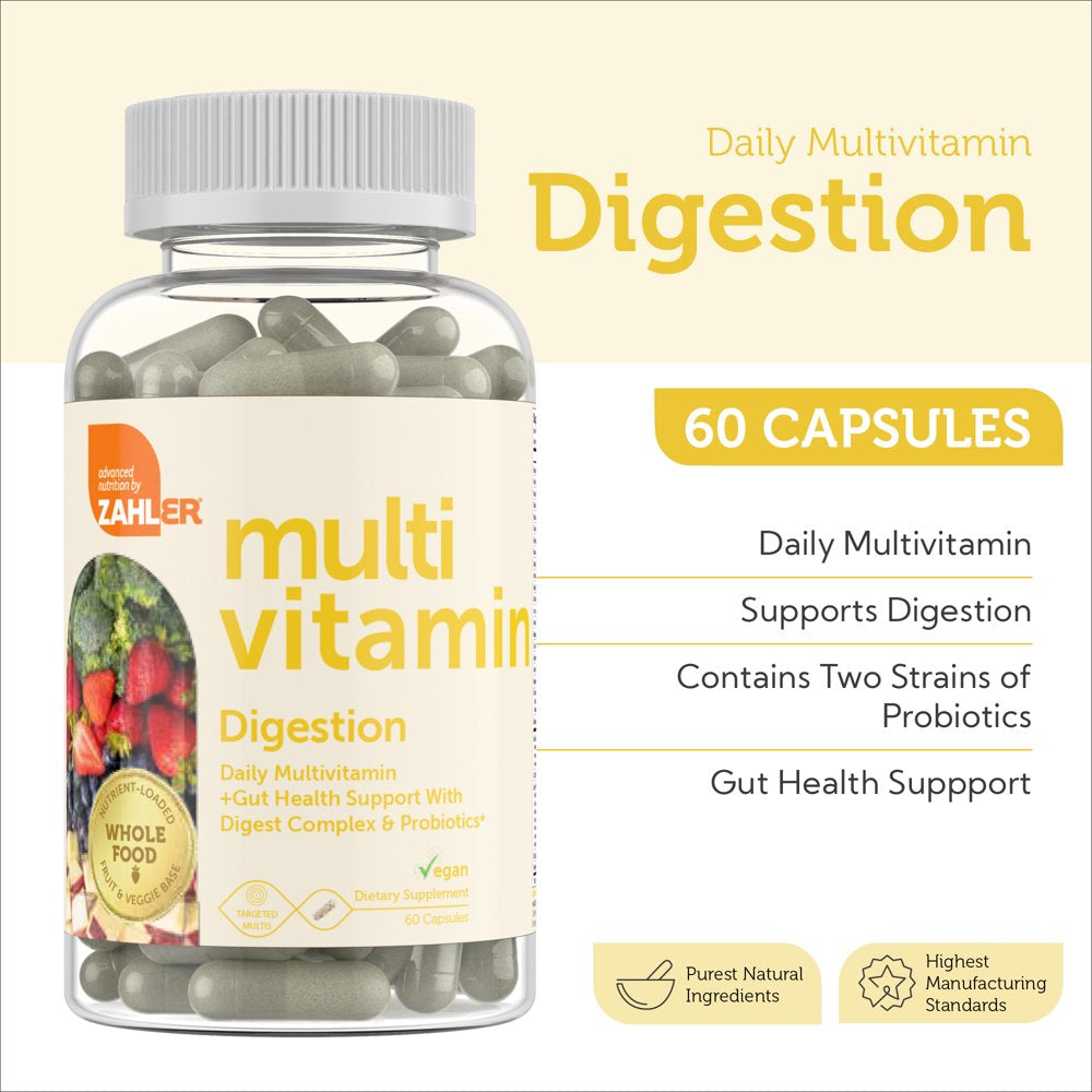 Multivitamin Digestion, Daily Multi + Gut Health Support with Digest Complex & Probiotics, 60 Capsules, Zahler