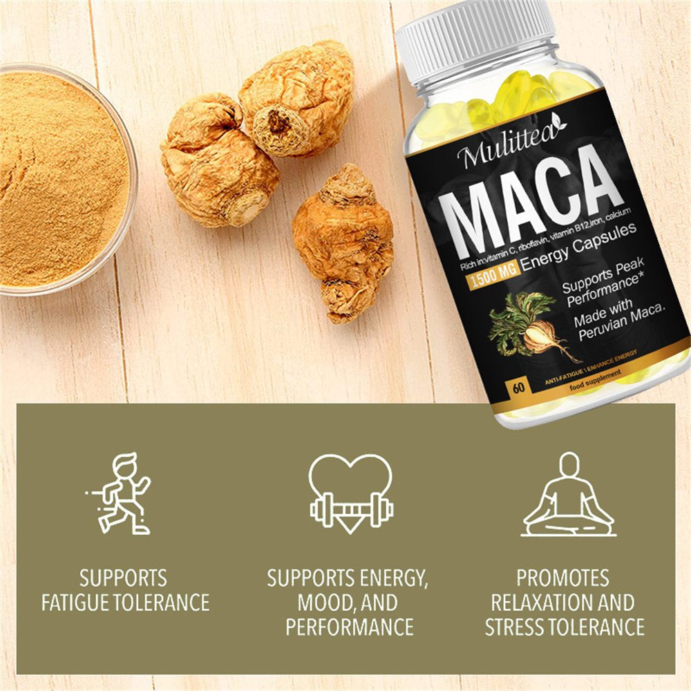 Mulittea 100% Pure Maca Root Extract Capsules 1500Mg, Enhancing Energy Male Supplement, Non-Gmo