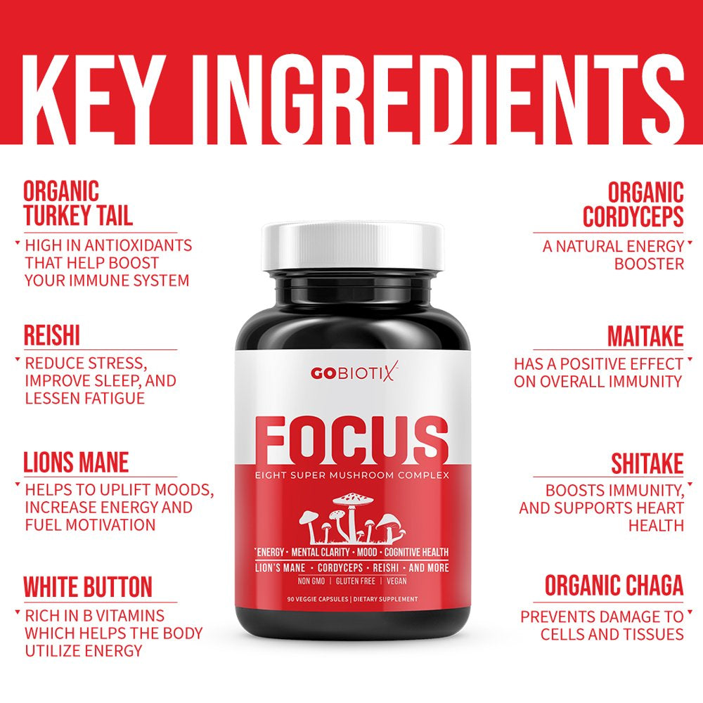 Focus 8 Mushroom Supplement by Gobiotix | Brain Booster | Immune System Support