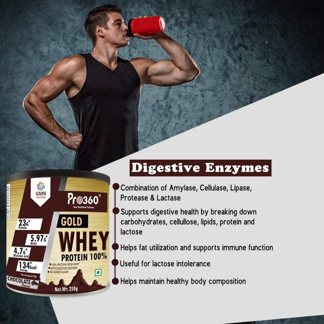 SJH Pro360 Gold Whey Protein - Chocolate Flavored - (100% Whey Protein with Digestive Enzymes, 23G Protein, 5.97G BCAA, 4.7G Glutamic Acid per Serving) (250G)