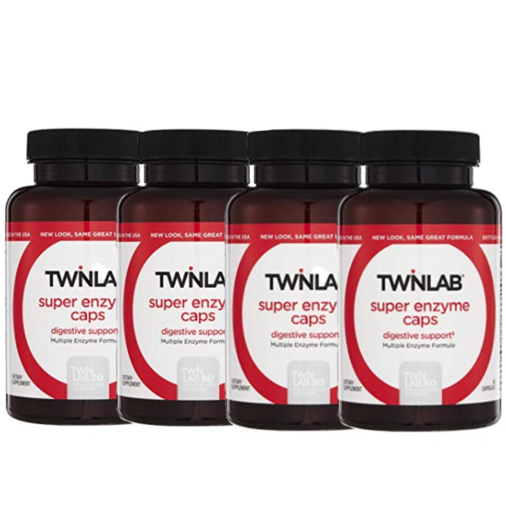 Twinlab Super Enzyme Caps - Digestive Enzymes with Pancreatin, Bromelain and Betaine HCL - Pancreatic Enzymes and Bromelain Supplement for Gut Health, Constipation and Gas Relief, 50 Caps (Pack of 4)