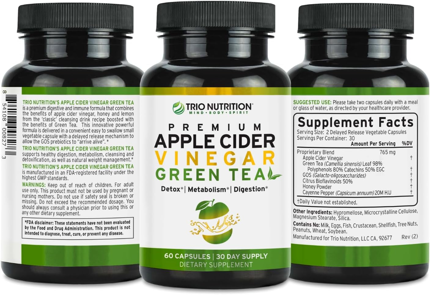 Trio Apple Cider Vinegar Capsules with Green Tea | Maximum Strength Immune Support Booster Formula | Raw & Fresh Natural Apple Cider Vinegar Pills for Cleanse | Detox Boost | Keto & Metabolism Support