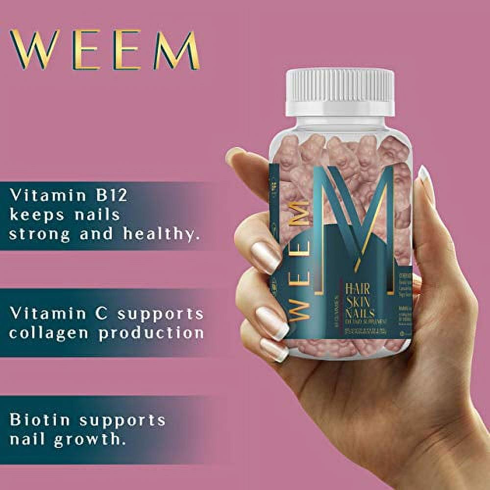 WEEM Hair Skin and Nails Gummies - Supports Healthy Hair - Vegan Biotin Vitamins for Women & Men Supports Faster Hair Growth, Stronger Nails, Healthy Skin, Extra Strength 5,000Mcg