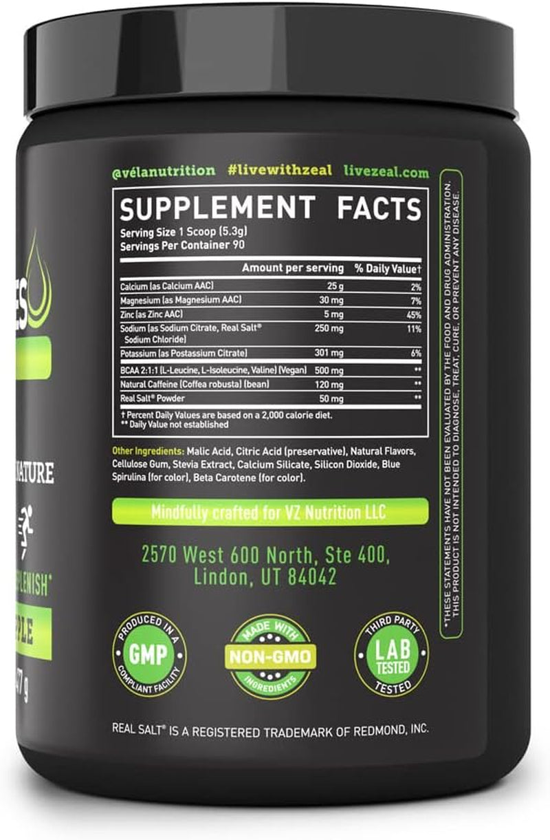 Electrolyte Powder Recovery Drink + Energy (90 Servings | Green Apple) W Real Salt +Bcaas Sugar Free Electrolyte Supplement W Potassium Zinc & Magnesium for Hydration - Keto Electrolytes