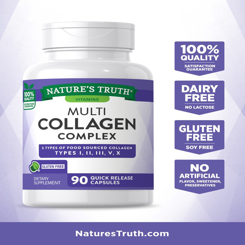 Multi Collagen Protein Capsules | 90 Count | Type I, II, III, V, X | Collagen Peptide Pills | Gluten Free Supplement | by Nature'S Truth